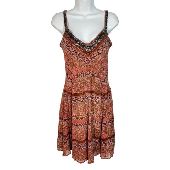 Peruvian Connection Dresses & Skirts - Peruvian Connection beaded Silk Mini Sun Dress Pink Tan Geometric Boho Small